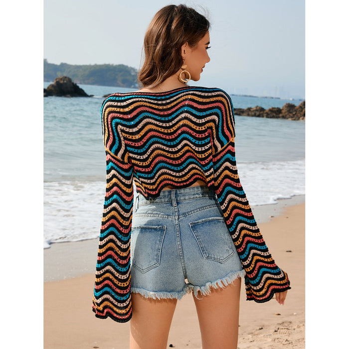 Striped Boat Neck Long Sleeve Cover Up