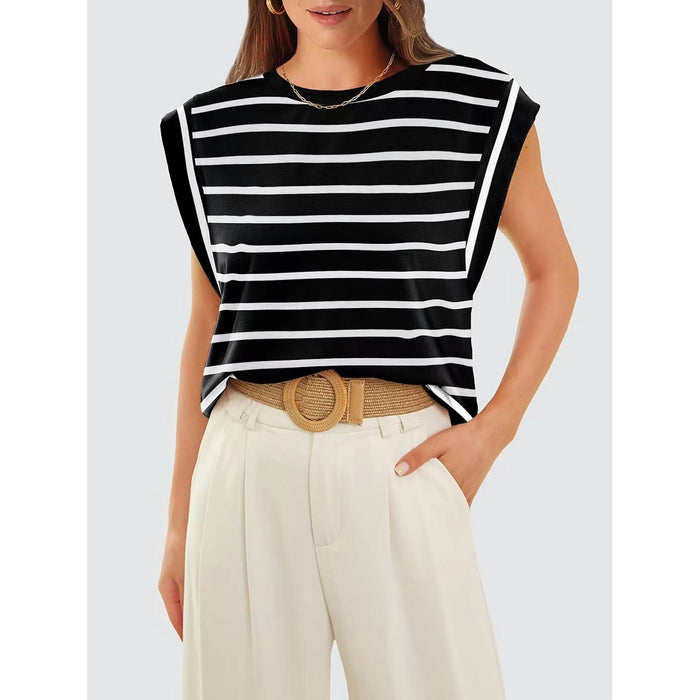 Striped Round Neck Cap Sleeve T-Shirt