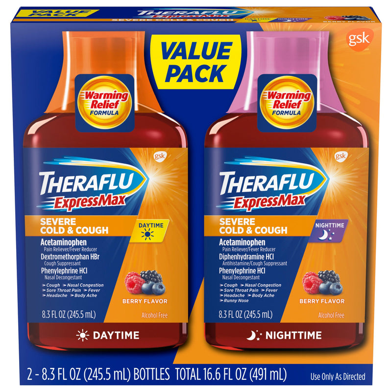 Theraflu Theraflu ExpressMax Daytime Nighttime Severe Cold And Cough Relief Syrups Berry Flavor 8.3 Oz -Combo Pack Personal Care Midnight Blue
