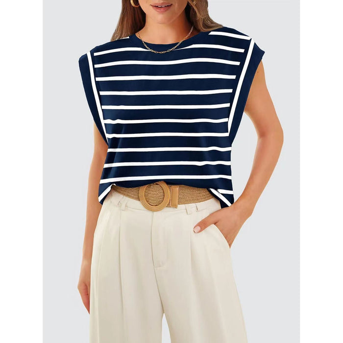 Striped Round Neck Cap Sleeve T-Shirt