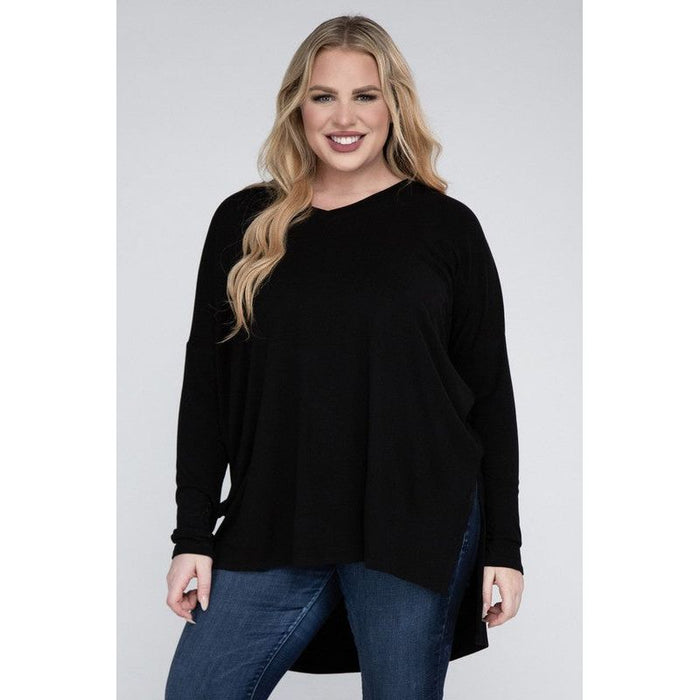 Plus Dolman Sleeve V-Neck Side Slit Hi-Low Hem Top