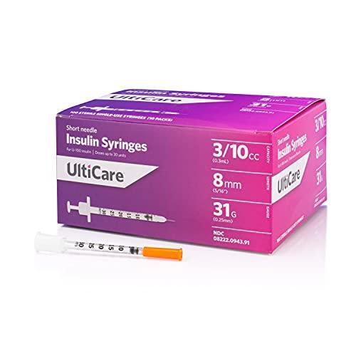 UltiCare UltiCare U-100 Insulin Syringes, Comfortable And Accurate Dosing Of Insulin, Compatible With Any U-100 Strength Insulin, Size: 3/10cc, 31G X 5/16'', 100 Ct Box Ear Syringes