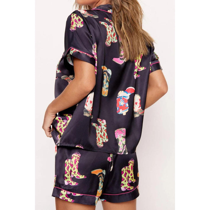 Printed Button Up Short Sleeve Top and Shorts Lounge Set