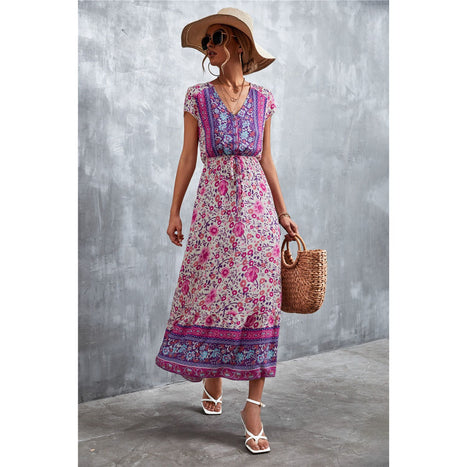 V-Neck Short Sleeve Printed Maxi Dress