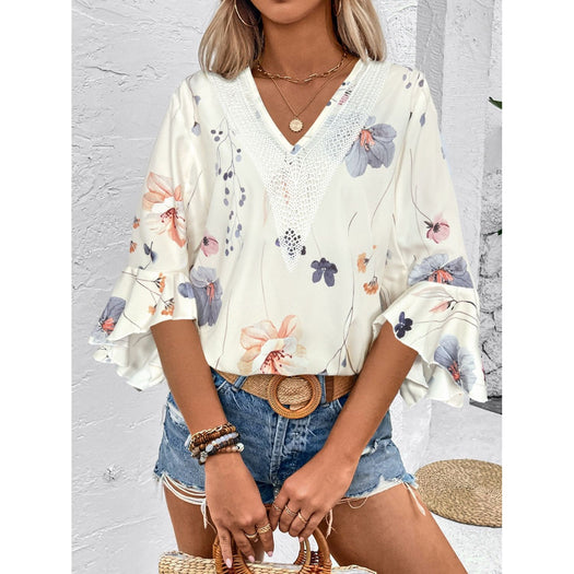 Ruffled Printed V-Neck Half Sleeve Blouse