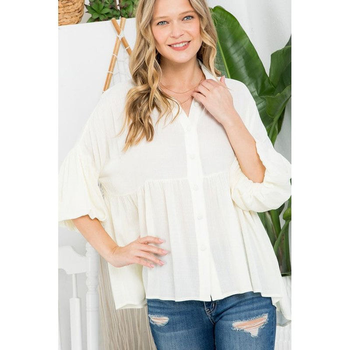 Plus Solid Button Down Blouse