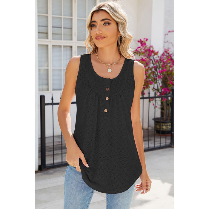 Eyelet Buttoned Round Neck Tank