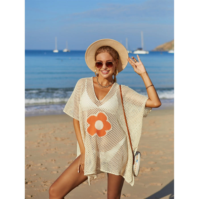 Openwork Flower V-Neck Short Sleeve Cover Up