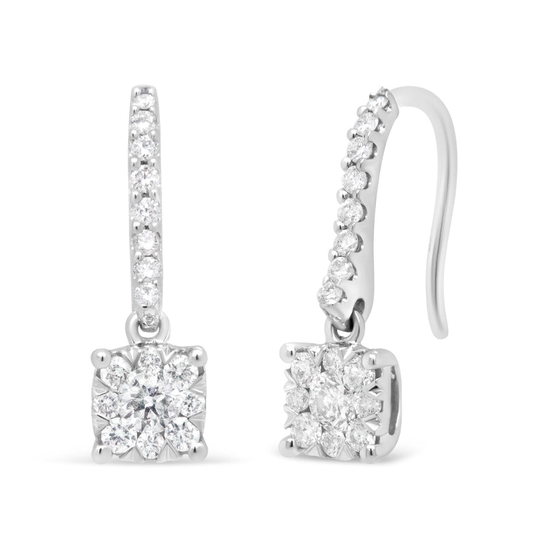 Bids.com 14K White 1/2 Cttw Round Diamond Halo Dangle Hook Earring - (H-I Color, SI2-I1 Clarity) Earrings
