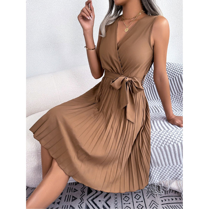 Tied Surplice Sleeveless Pleated Dress