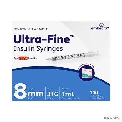 Embecta Embecta Ultra-Fine Insulin Syringes, 31G, 8 mm (5/16"), 1 mL, 100 Count Medical Needles & Syringes White Smoke