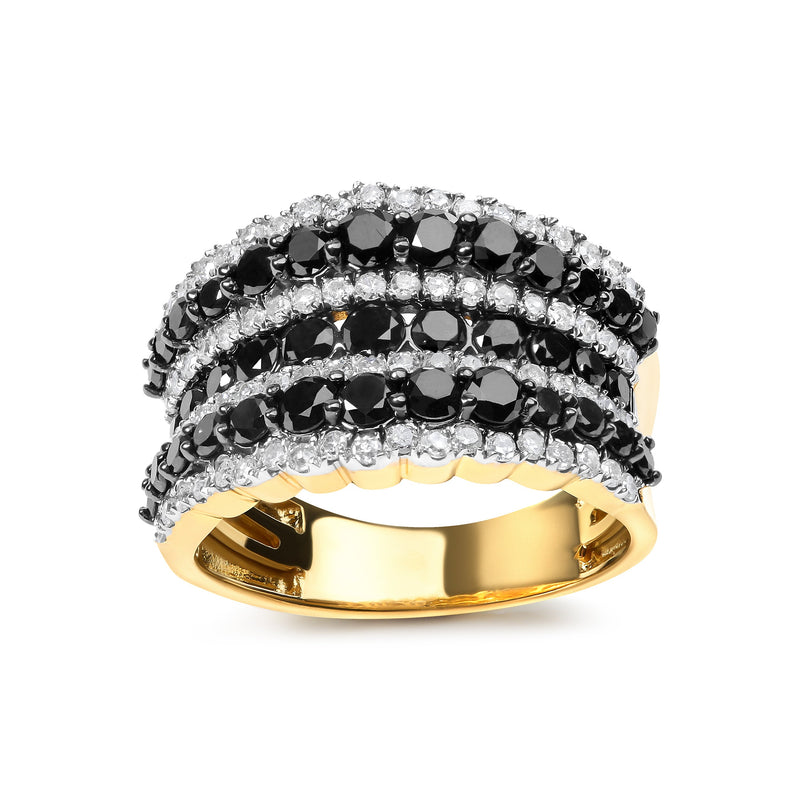 Bids.com 14K Yellow Gold Plated .925 Sterling Silver 1 3/4 Cttw Treated Black and White Alternating Diamond Multi Row Band Ring (Black / I-J Color, I2-I3 Clarity) - Size 7 Rings