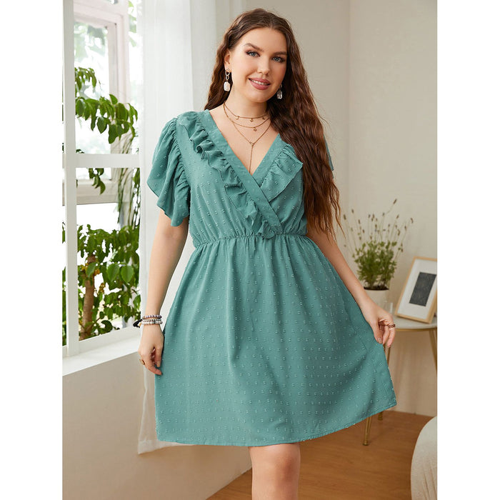 Plus Size Swiss Dot Ruffled Surplice Flutter Sleeve Mini Dress