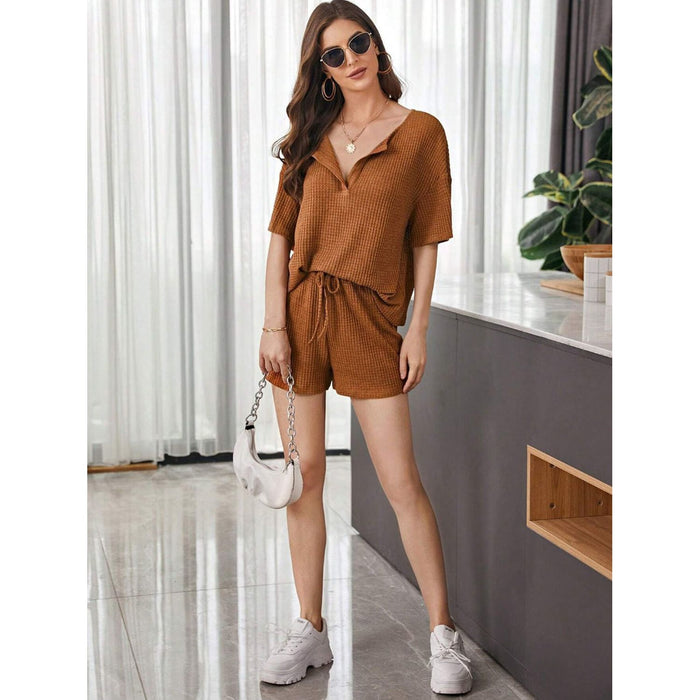 Waffle-Knit Dropped Shoulder Top and Shorts Set