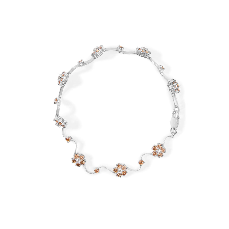 Bids.com 10K White Gold 4.0 Cttw Champagne and White Diamond Floral Cluster and Station Link Bracelet (H-I Color, SI2-I1 Clarity) - 7" Inches Bracelets
