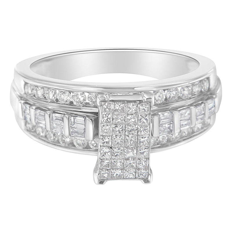 Bids.com 14K White Gold 1.0 Cttw Mixed-Cut Diamond Rectangle Invisible-Set Composite Cluster Ring with Bar- and Channel-Set Band (H-I Color, SI2-I1 Clarity) - Size 7 Rings