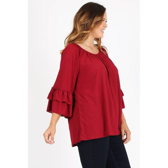 Knit 3/4 Sleeve Double Layer Ruffle Sleeve Top