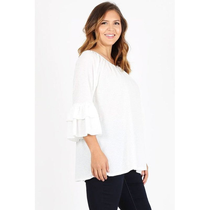 Knit 3/4 Sleeve Double Layer Ruffle Sleeve Top