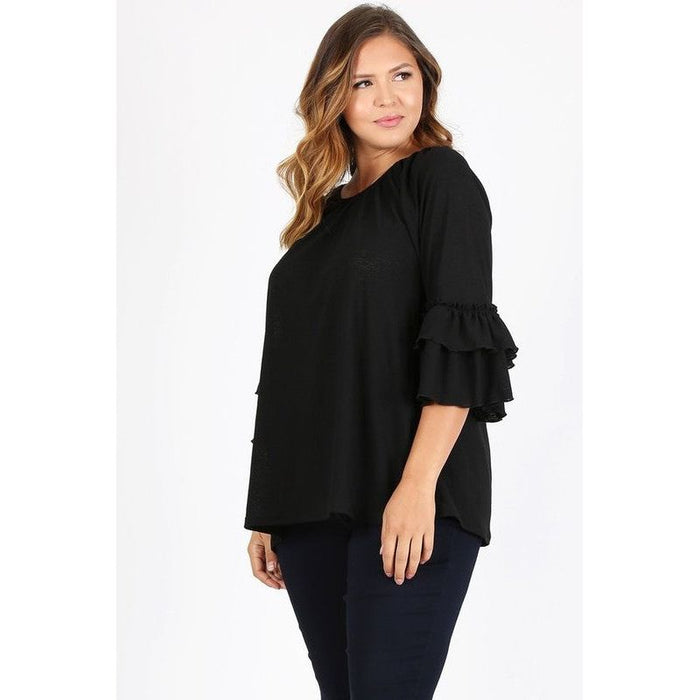 Knit 3/4 Sleeve Double Layer Ruffle Sleeve Top