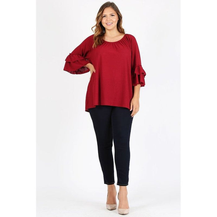 Knit 3/4 Sleeve Double Layer Ruffle Sleeve Top