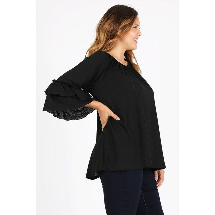 Knit 3/4 Sleeve Double Layer Ruffle Sleeve Top