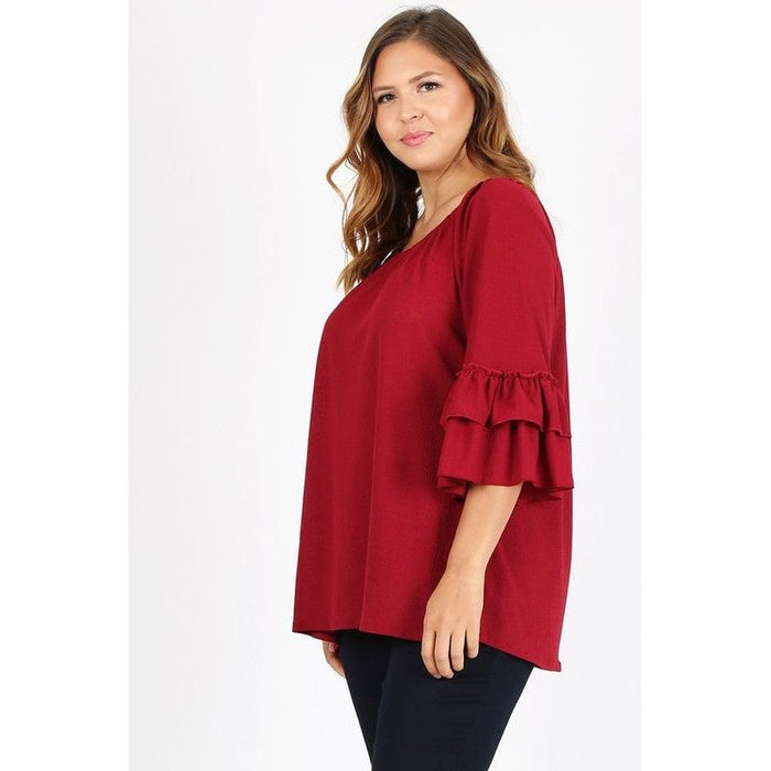 Knit 3/4 Sleeve Double Layer Ruffle Sleeve Top