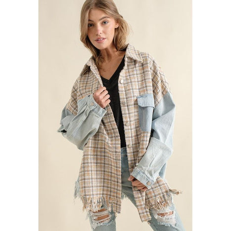 TWEED MIXED DENIM JACKET SHACKET WITH FRINGED HEM