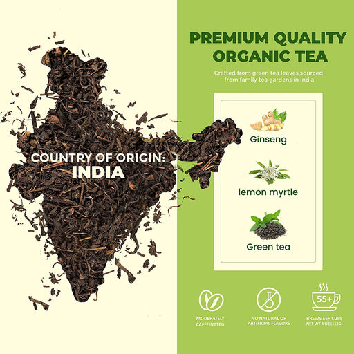 Gardenika Shop Ginseng Green Loose Tea, Medium-Caffeine /w Lemon Myrtle - Refreshing Coffee Alternative - Organic & Kosher Loose Leaf Tea