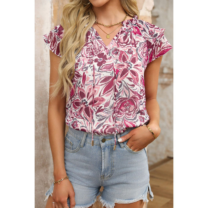 Printed Tie Neck Cap Sleeve Blouse