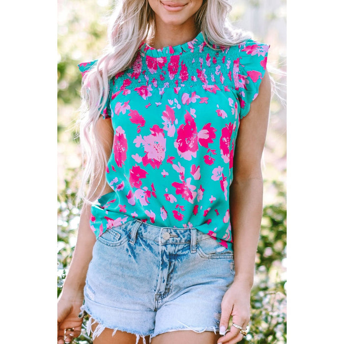 Ruffled Printed Mock Neck Cap Sleeve Blouse