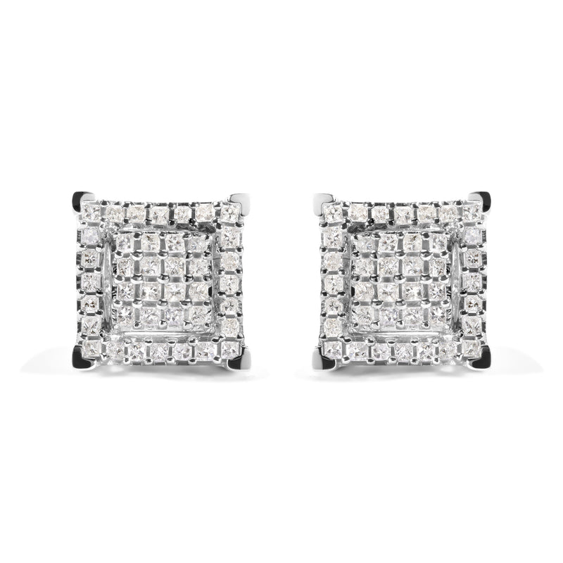 Bids.com 10K White Gold 1 1/4 Cttw Princess Diamond Composite Double Square and Halo Stud Earrings (I-J Color, I1-I2 Clarity) Earrings