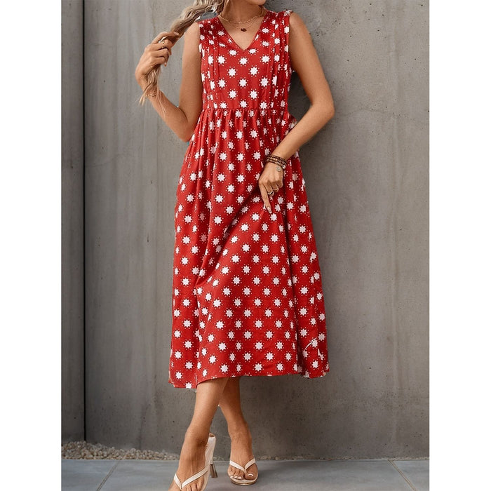 Printed V-Neck Sleeveless Midi Dress