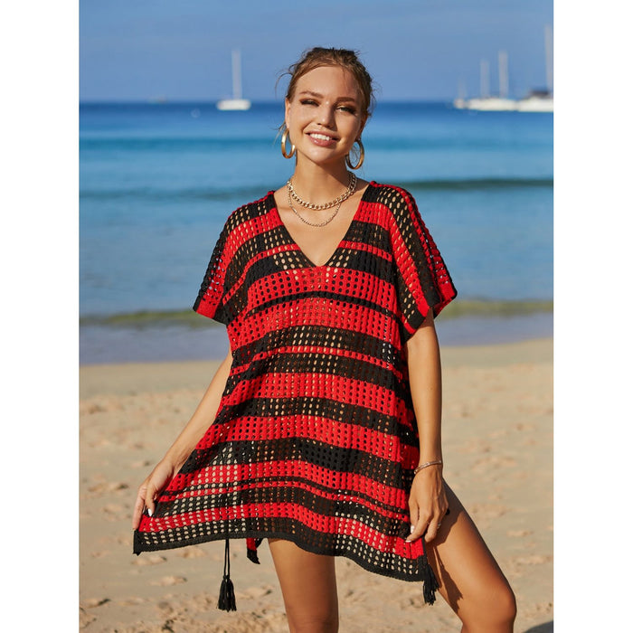 Tassel Openwork Striped V-Neck Cover Up