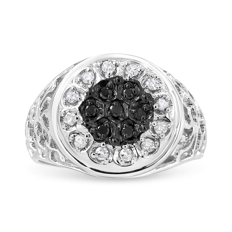 Bids.com .925 Sterling Silver 1/4 Cttw White and Black Treated Diamond Halo Cluster Ring for Men (I-J Color, I3 Clarity) - Size 10 Rings