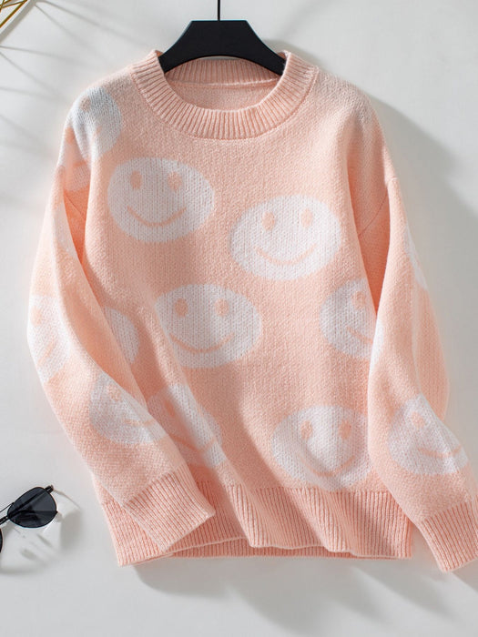 Smile Pattern Round Neck Long Sleeve Sweater