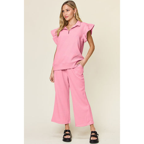 Texture Ruffle Short Sleeve Top and Drawstring Wide Leg Pants Set