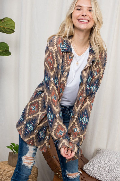 PLUS FUZZY AZTEC BUTTON DOWN SHACKET