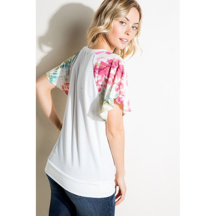 V NECK SHORT FLAIR SLEEVE TOP