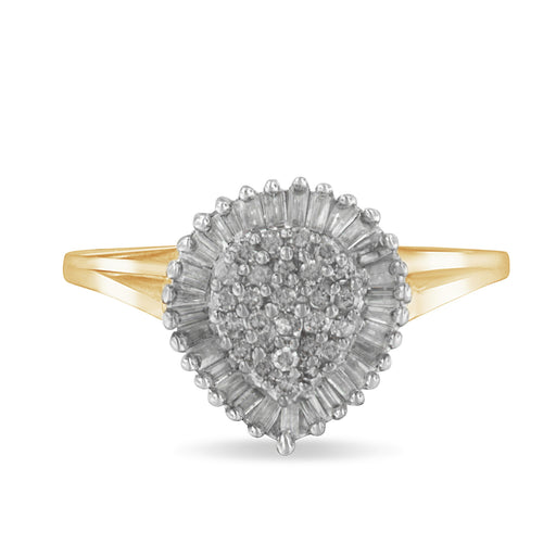 Bids.com 10K Yellow Gold 1/2 Cttw Round & Baguette Cut Diamond Pear Shaped Domed PavÃ© Cluster with Halo Cocktail Ring (J-K Color, I1-I2 Clarity) - Size 4-1/4 Rings