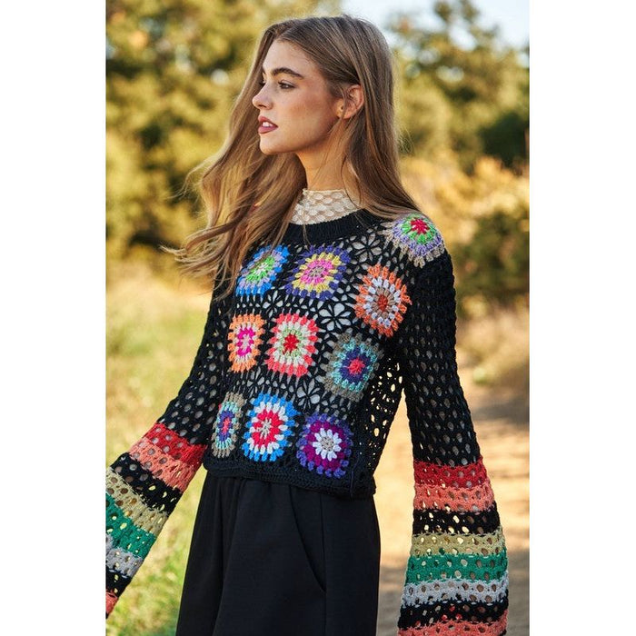 Floral Crochet Striped Sleeve Cropped Knit Sweater