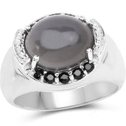 Bids.com 5.68 Carat Genuine Grey Moonstone & Black Spinel .925 Sterling Silver Ring Rings