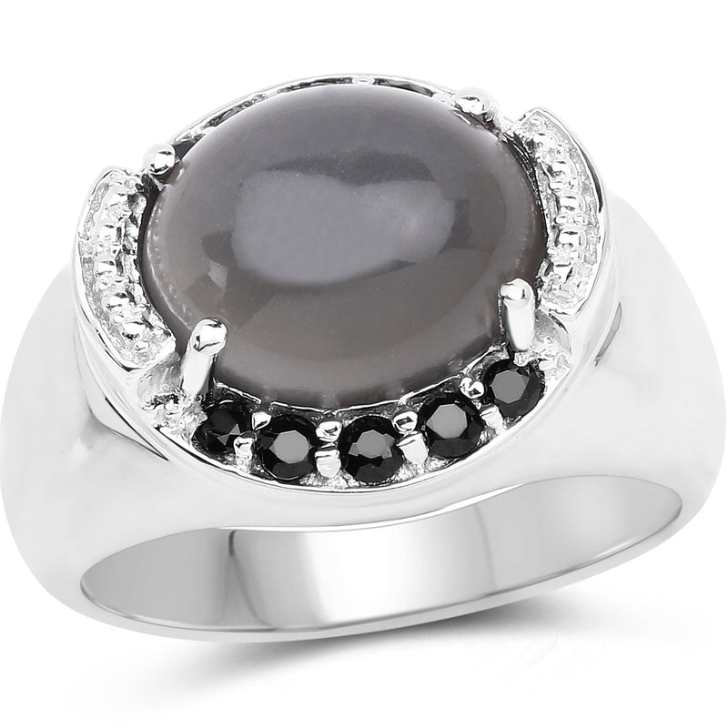 Bids.com 5.68 Carat Genuine Grey Moonstone & Black Spinel .925 Sterling Silver Ring Rings