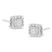 Bids.com .925 Sterling Silver 1/6 Cttw Invisible Set Princess-Cut Diamond Quad Composite Stud Earrings (H-I Color, I1-I2 Clarity) Earrings
