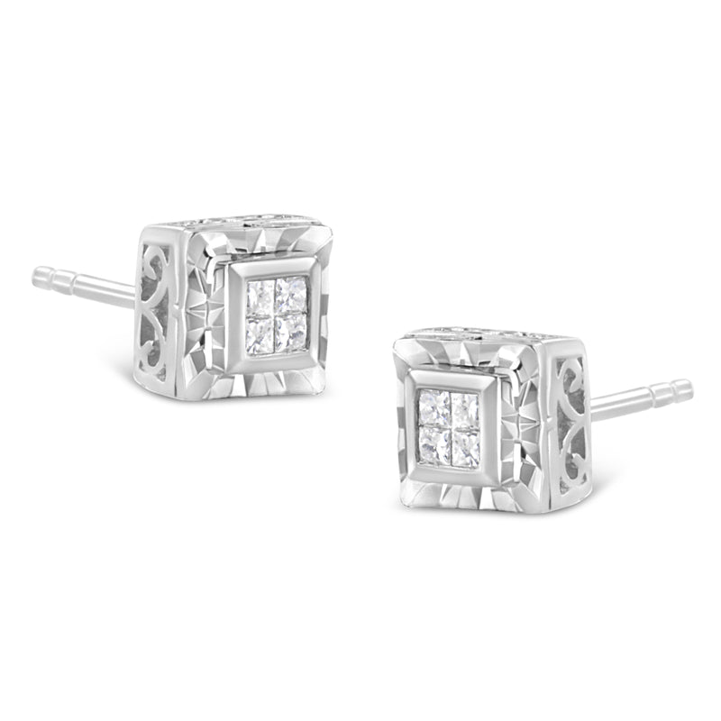 Bids.com .925 Sterling Silver 1/6 Cttw Invisible Set Princess-Cut Diamond Quad Composite Stud Earrings (H-I Color, I1-I2 Clarity) Earrings