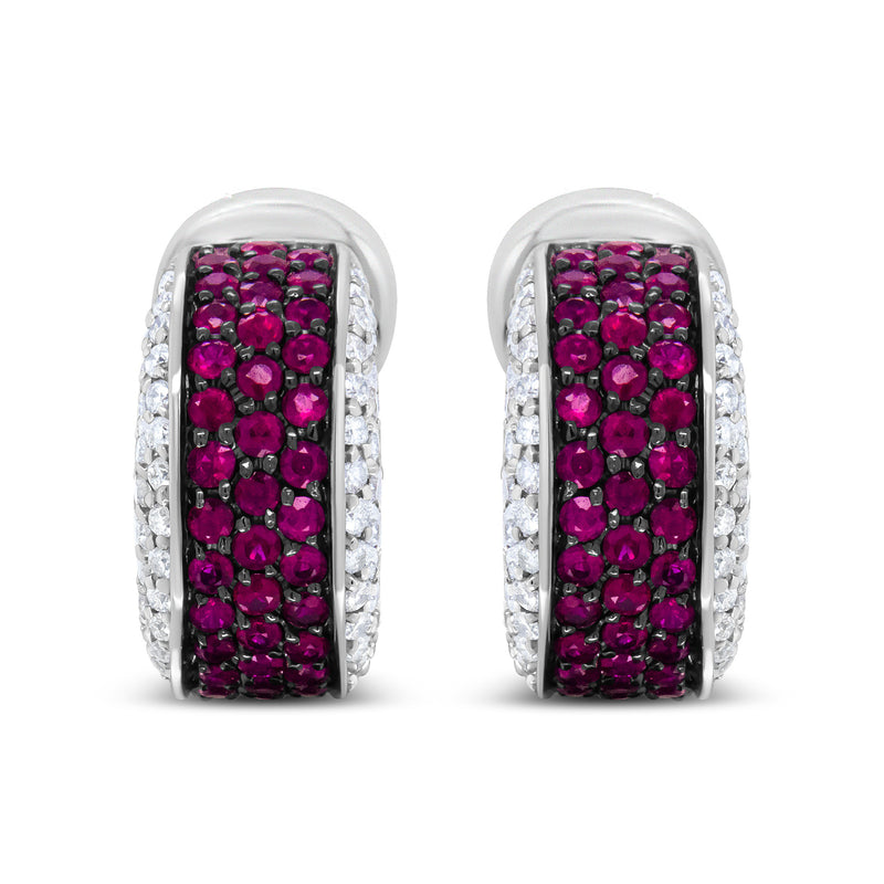 Bids.com 18K White Gold and Black Rhodium Plated 3/4 Cttw Round Diamonds and 1mm Round Red Ruby Huggie Hoop Earrings (F-G Color, VS1-VS2 Clarity) Earrings