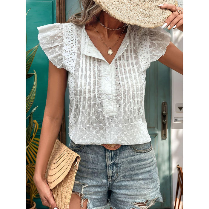 Lace Detail Eyelet Ruffle Cap Sleeve Blouse