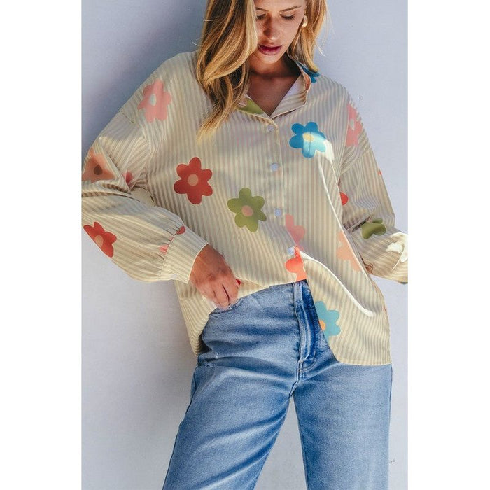 Flower Print Collared Button-up Loose Fit Blouse