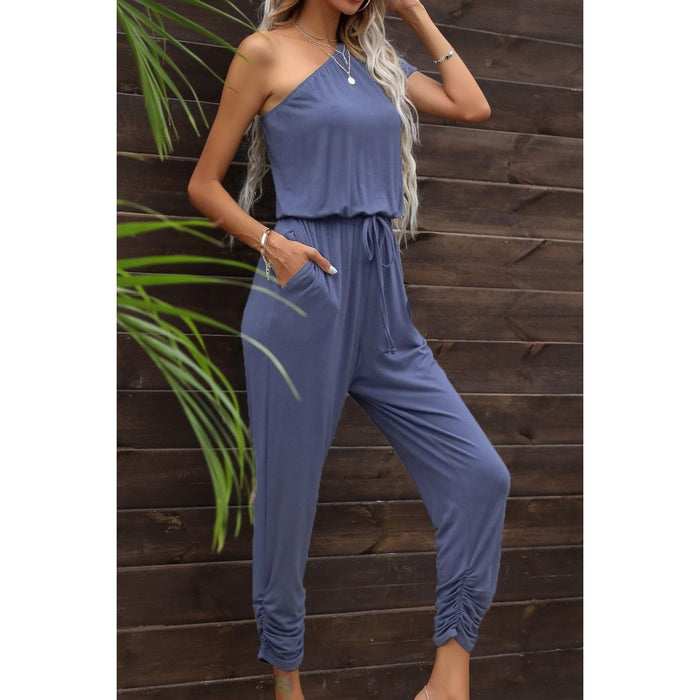 Drawstring Waist One-Shoulder Jumpsuit with Pockets