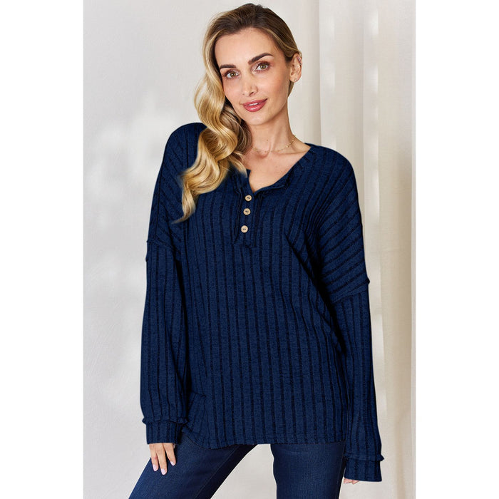 Basic Bae Ribbed Half Button Long Sleeve T-Shirt