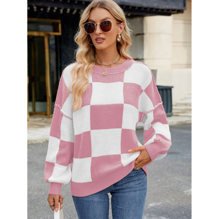 Checkered Round Neck Long Sleeve Sweater